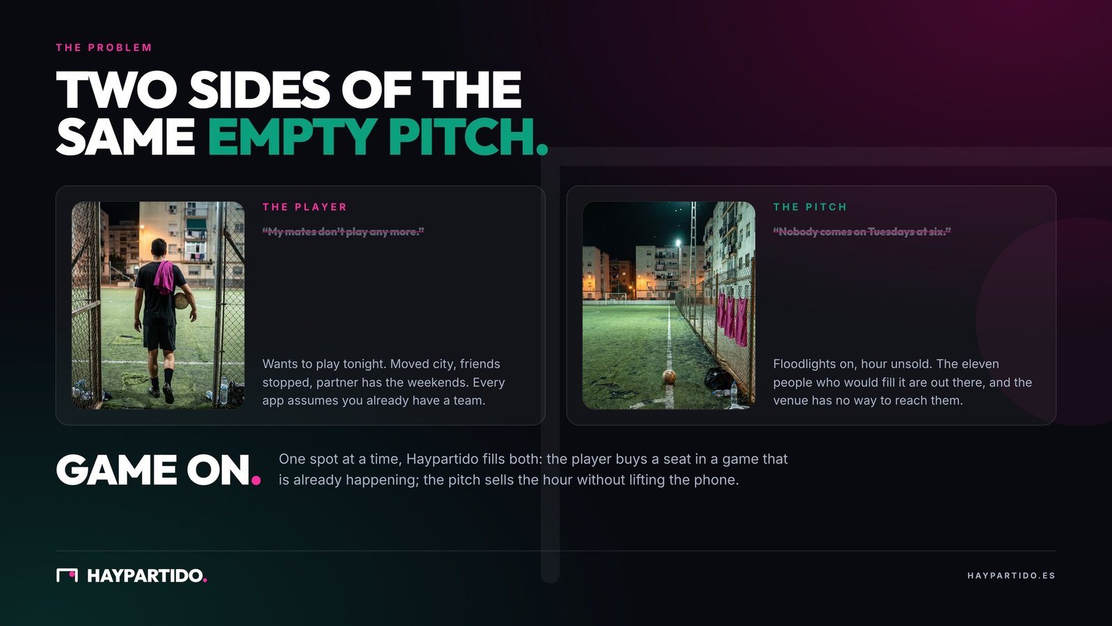 The two-sided problem: the player with no team, the pitch with empty hours