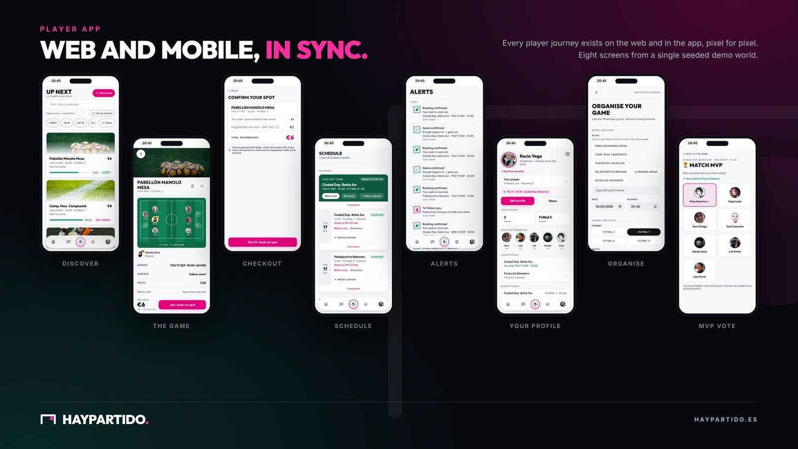 Eight player app screens