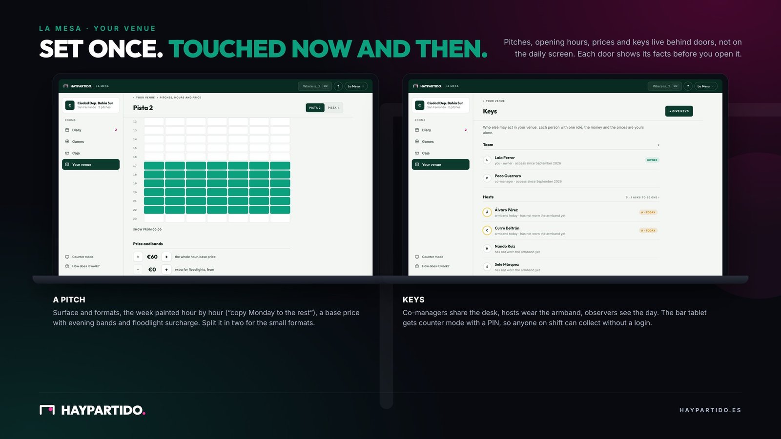 Your venue: a pitch page with the week painter and price bands, and the keys